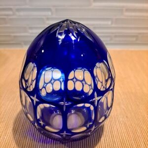 Vtg Cobalt Blue CUT TO CLEAR Glass CRYSTAL Czech EGG 3.5”